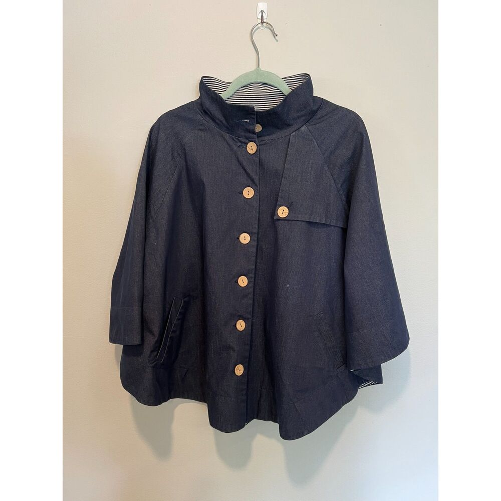 Chico's Navy Blue Swing Jacket Striped Lining Coconut Buttons One Size
